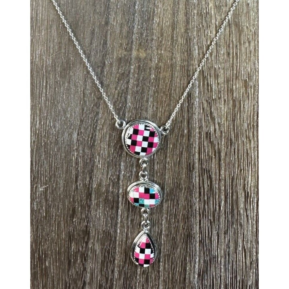 Native Southwest Sterling Silver Checkerboard Onyx Turquoise Drop Necklace 20+”